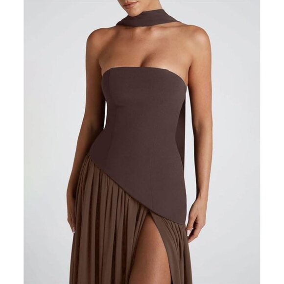 Women Strapless Maxi Dress Polyster High Slit Bridesmaid Prom Wedding - Picture 7 of 7